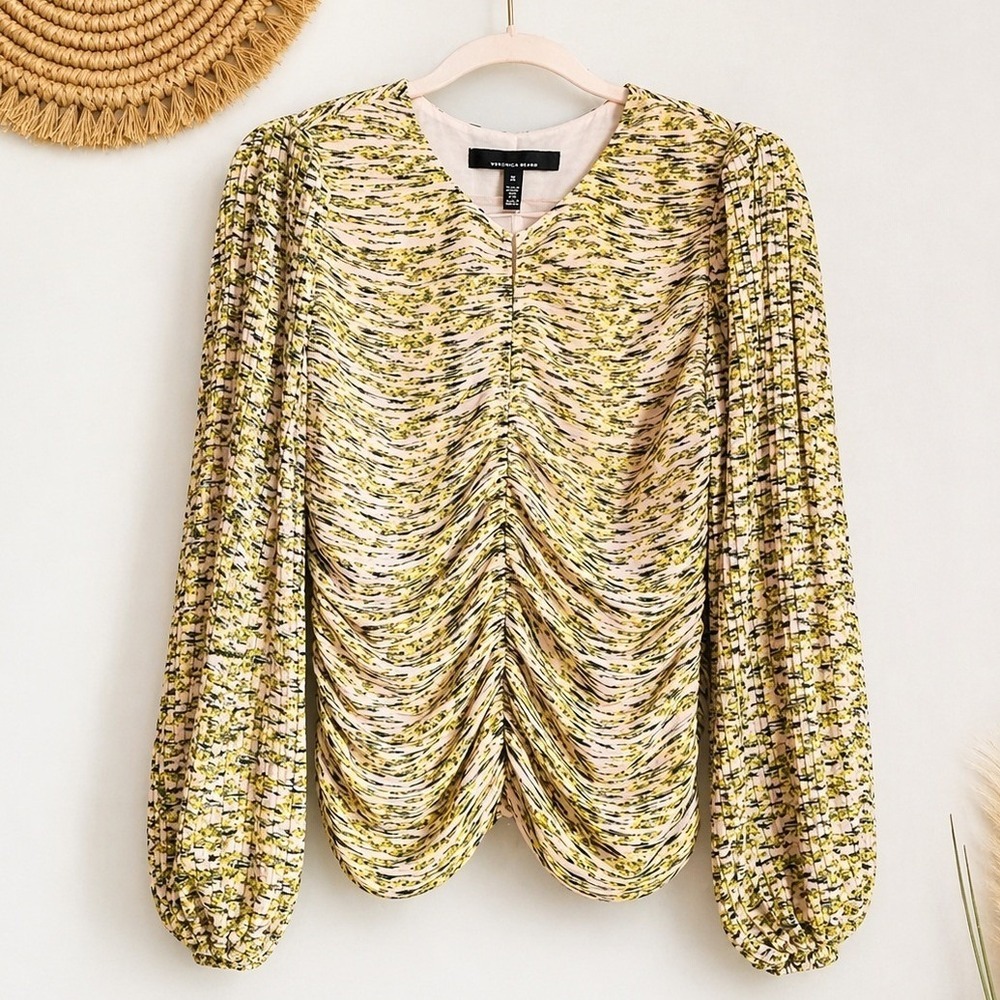White House Black Market NEW Watercolor Blouson Sleeve Pleated Keyhole Top SZ 10 - Picture 14 of 14